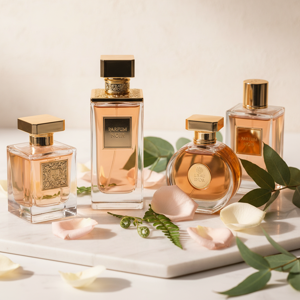 Elegant luxury perfume and cologne bottles on white marble with rose petals and golden lighting